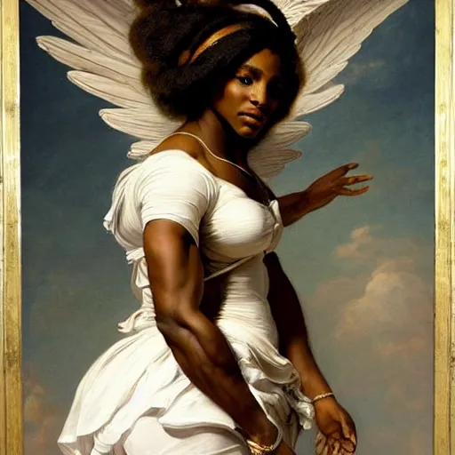 Image similar to Portrait of Serena Williams with wings as Nike Goddess standing proud, large wings, luxuriant, dreamy, eternity, romantic, strong pose, highly detailed, in the style of Franz Xaver Winterhalter, highly detailed, in the style of Aetherpunk