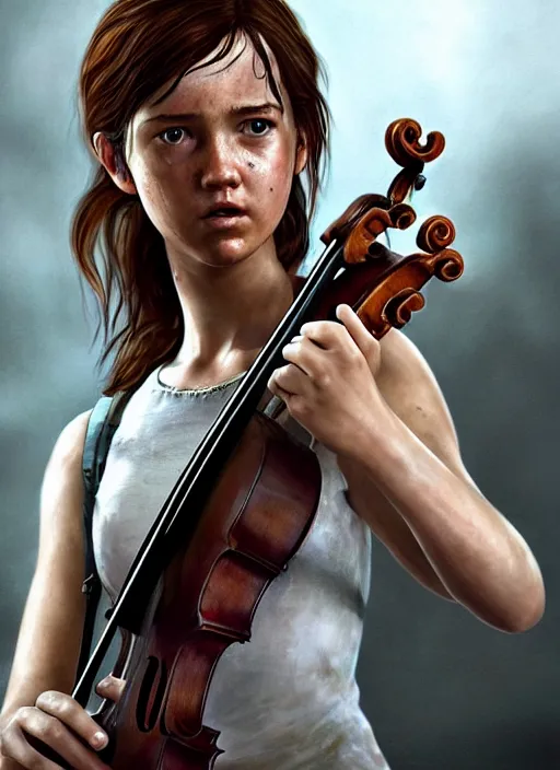 Prompt: ellie from the last of us in a white dress playing the violin on stage. hyperrealistic oil painting, 4k, very detailed faces, art station