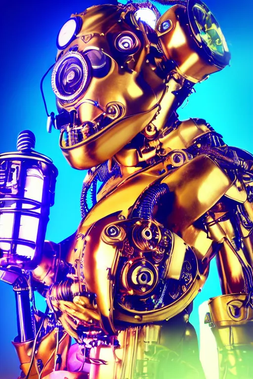 Image similar to portrait photo of a giant huge golden and blue metal humanoid steampunk cyborg female singer with a human face and gears and tubes, in the foreground is a big red glowing microphone, eyes are glowing red lightbulbs, shiny crisp finish, 3 d render, 8 k, insaneley detailed, fluorescent colors, background is multicolored lasershow