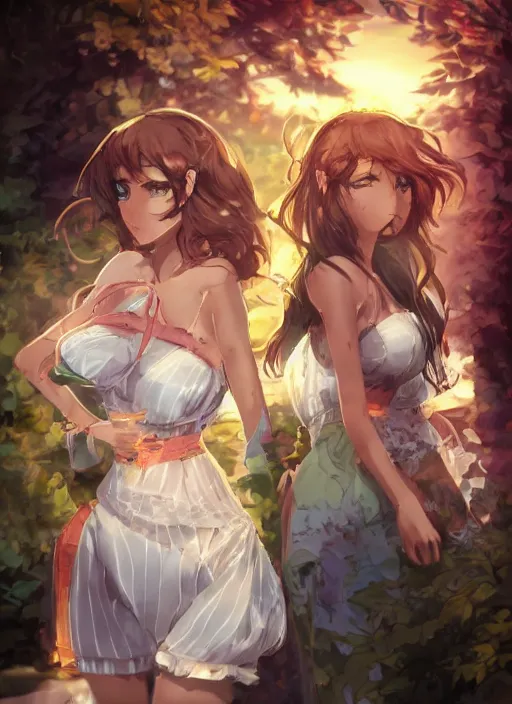 Image similar to two beautiful mothers outside on a hot summer evening, gorgeous faces, thick lines, cinematic lighting, detailed anime art