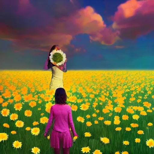 Prompt: face made of many daisies, girl standing barefoot in a flower field, holding flowers, surreal photography, sunrise dramatic light, impressionist painting, colorful clouds, large sky, digital painting, artstation, simon stalenhag, flower face