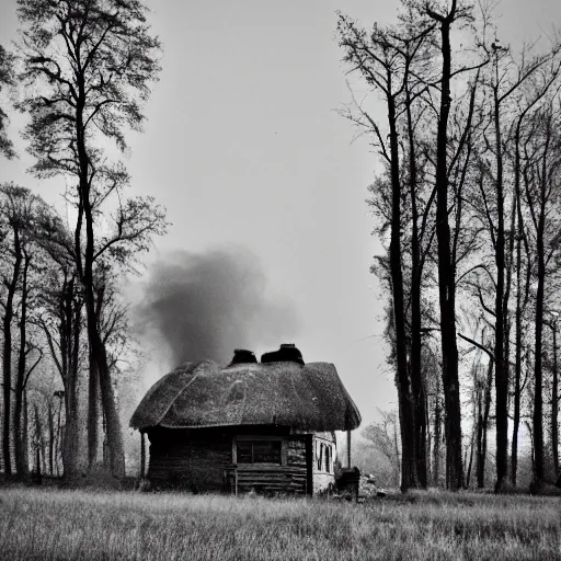 Image similar to a dark wood with an old cottage in state of dis - repair smoke rising, ghosts