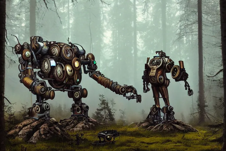 Prompt: steampunk mech standing in a swedish forest, very low angle photograph, simplified, brass plates, trending on artstation, realistic, soft colors, simon stålenhag
