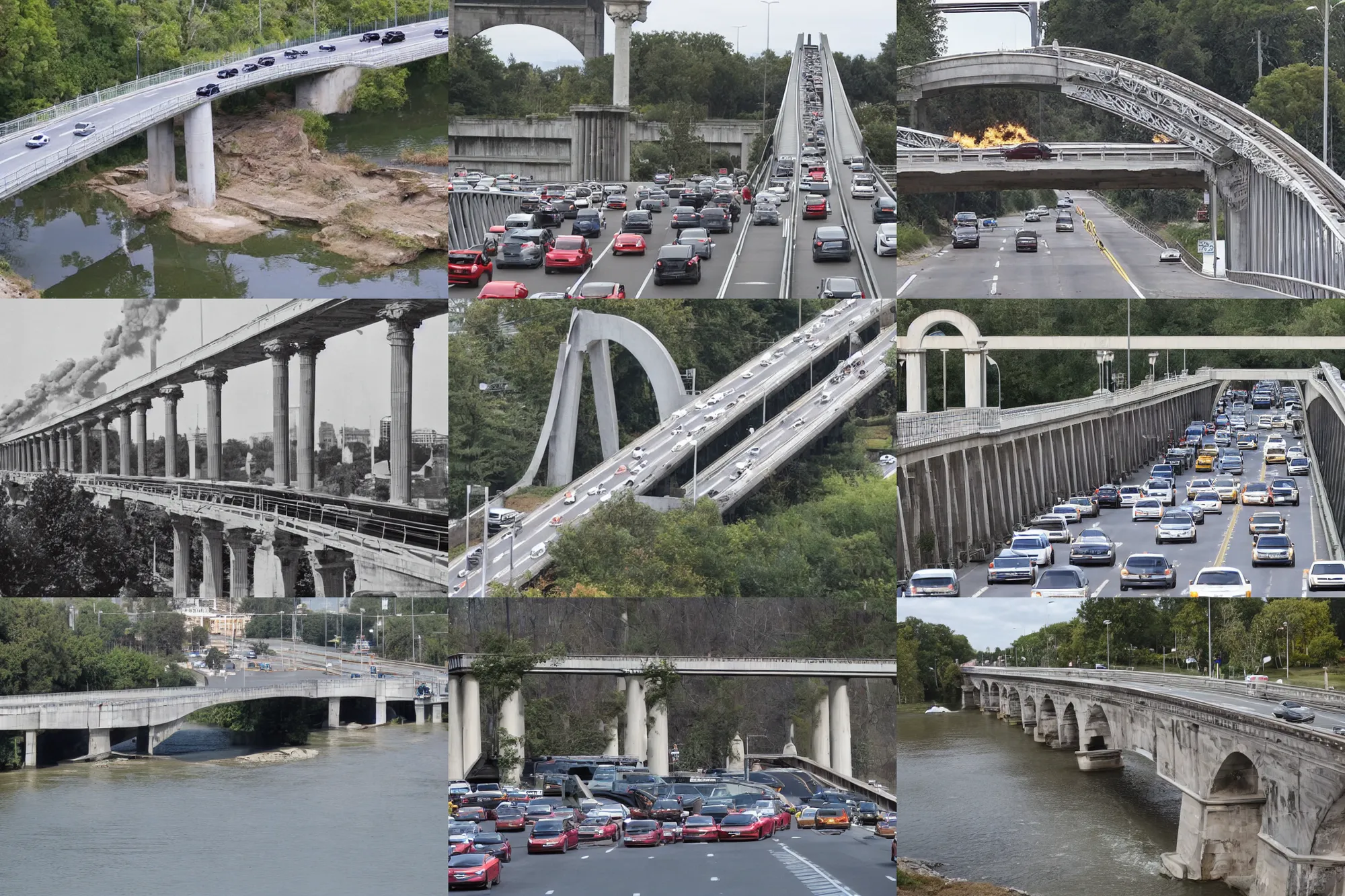 Prompt: a bridge with large columns on which there are a large number of cars and which explodes