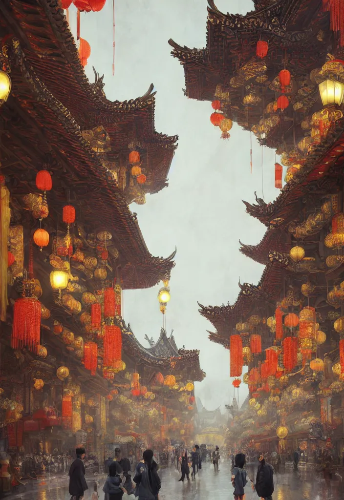 Image similar to epic scenery of a shopping street in the Chinese imperial city, intricate, elegant, volumetric lighting, digital painting, highly detailed, artstation, sharp focus, illustration, concept art, ruan jia, steve mccurry