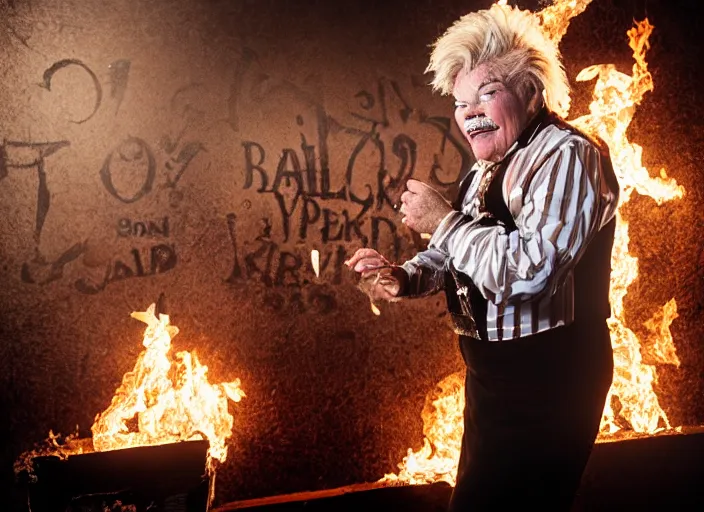 Image similar to photo still of rip taylor at a burning saloon 1 9 1 5!!!!!!!! at age 5 4 years old 5 4 years of age!!!!!!! throwing confetti from a bucket, 8 k, 8 5 mm f 1. 8, studio lighting, rim light, right side key light