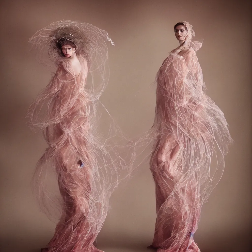 Image similar to Fashion photography of a woman wearing a dress inspired by a jellyfish, artistic photography, insanely detailed, chiaroscuro, cinestill 800t, Vogue magazine