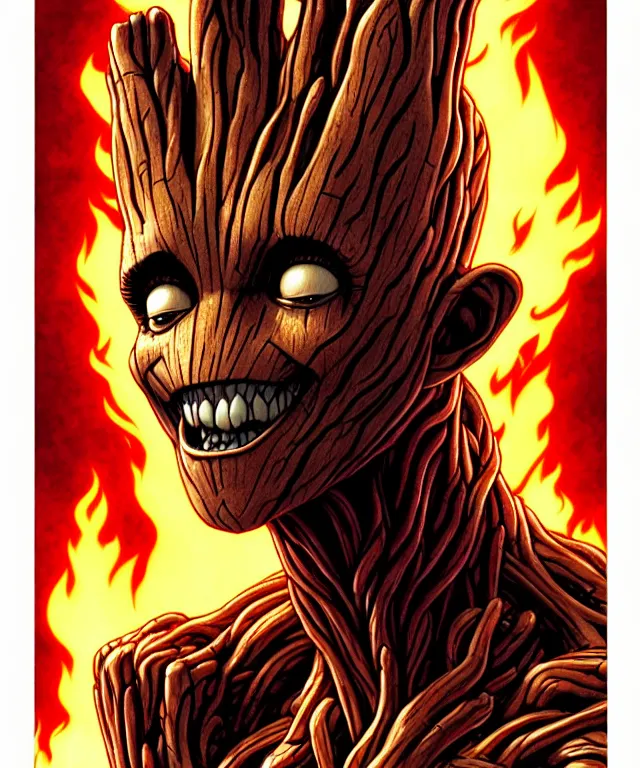 Image similar to groot being burned on fire, happy face, digital illustration by jenny frison and sana takeda and kentaro miura, fine inking lines, vivid colors, dnd, highly detailed!, hd, 4 k, trending on artstation