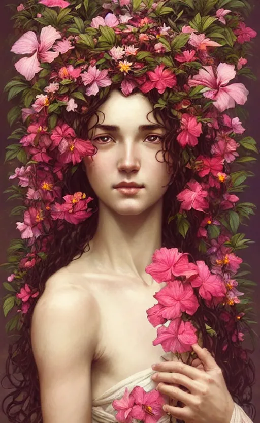 Image similar to portrait of a goddess of hibiscus! covered in flowers!, half body, perfect face!!, d & d, fantasy, intricate, elegant, highly detailed, digital painting, artstation, concept art, smooth, sharp focus, illustration, art by artgerm and greg rutkowski and alphonse mucha