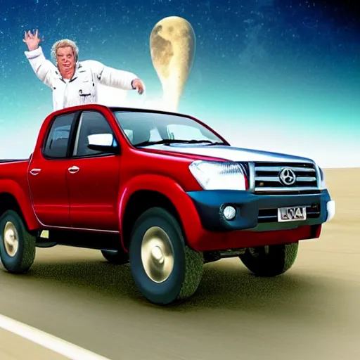 Prompt: A realistic digital photograph of Jeremy Clarkson from the television show Top Gear driving a Toyota Hilux pickup truck to the Moon