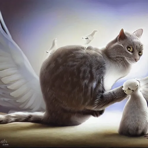 Prompt: cat playing with the dove of peace, photorealistic, detailed