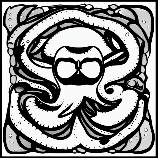 Prompt: angry squid, 🦑 design, squared border, black and white, mad cuttlefish, cute decapodiformes, very upset expression, angry eyebrows