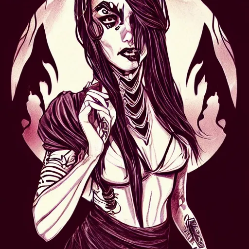 Prompt: princess of darkness, style of mcbess, rutkowski, artgerm comic, piercing eyes, long glowing red hair