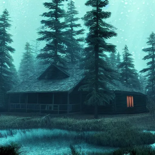 Image similar to a cabin in the woods underwater, dense trees, dark and eerie, 8k, high definition, highly detailed, photo realistic