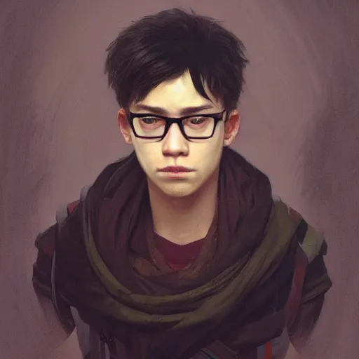 Prompt: portrait of depressed teen, ugly, nerds, hair looks like a helmet, straight stiff dry damaged hair, male, glasses, malaysian, asian, medium hair, oval face, olive skin color, D&D, concept art, art by Greg Rutkowski and Alphonse Mucha