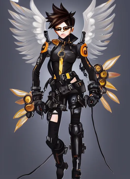 Image similar to full body artwork of tracer overwatch wearing leather collar, angel wings, dramatic painting, symmetrical composition, wearing detailed leather collar, black shiny armor, chains, black harness, detailed face and eyes,