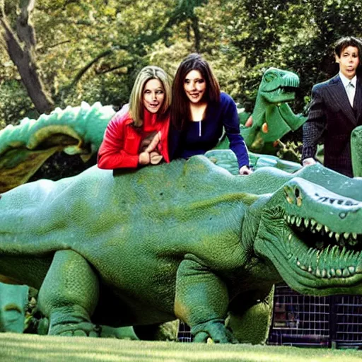 Image similar to The one where Ross leaves Rachel and gets out with a big green dinosaur in Central Park