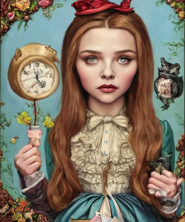 Image similar to portrait of Chloe Moretz in wonderland, lowbrow painting by Mark Ryden