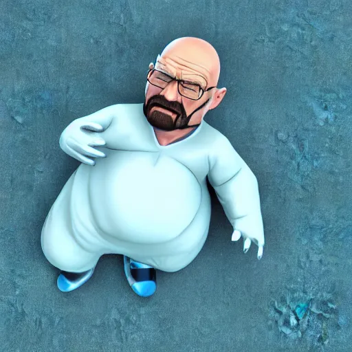 Image similar to walter white 3 d render, high definition, sleeping next to a snorlax, bright blue background, simple, high definition