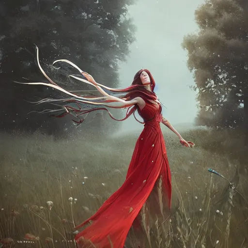 Image similar to a woman with long hair and with red long dress balancing with wind on a lawn, with weeds and some trees, highly detailed, illustration, fantasy art, in the style of greg rutkowski, epic, fantasy, intricate, hyper detailed, artstation, concept art, smooth, sharp focus, ray tracing