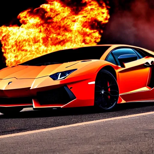 Image similar to a lamborghini aventador parked in a hellish fiery demon world, plumes of flame, scattered burning debris, acid rain, cinematic photography, film still, hd