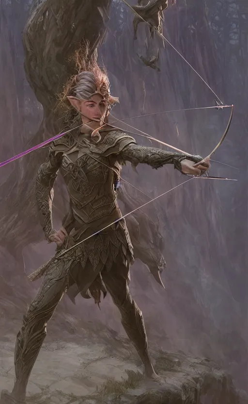 Image similar to portait of elven archer shooting arrow at forest monster, drark, marvel comics, dark, intricate, highly detailed, smooth, artstation, digital illustration by ruan jia and mandy jurgens and artgerm and wayne barlowe and greg rutkowski and zdislav beksinski