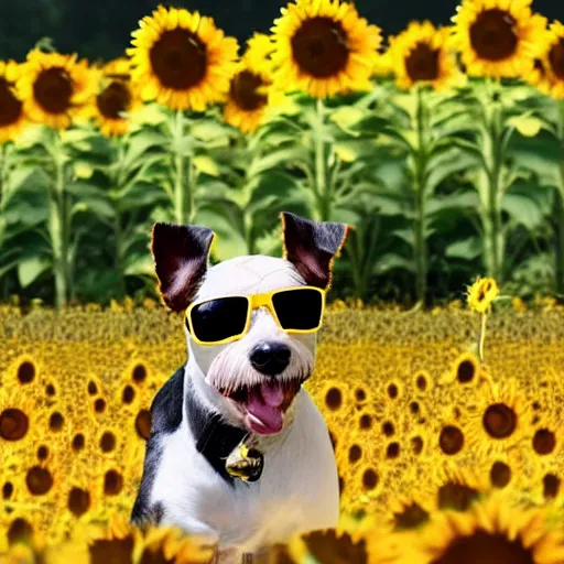 Prompt: a Biewer terrier wearing sunglasses and running through a field of sunflowers, realistic