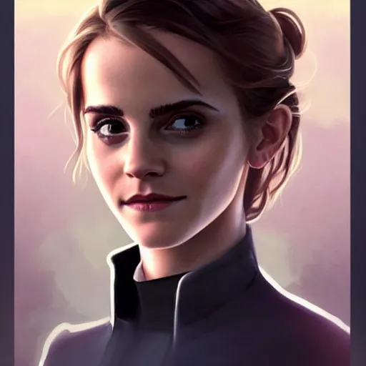 Image similar to portrait of Emma Watson wearing his starfleet captains uniform, looking at camera, D&D, intricate, elegant, stylish, cute smile, mouth slightly open, fantasy, extremely detailed, digital painting, artstation, concept art, smooth, sharp focus, illustration, stunning lighting, art by artgerm and greg rutkowski and alphonse mucha and simon stalenhag, realistic character concept, high fantasy, light atmosphere, golden ratio, cinematic lighting, hyperdetailed, high resolution, insanely detailed and intricate, artstation, Marc Simonetti, Greg Rutkowski