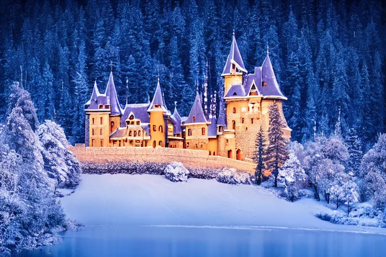 Image similar to Beautiful castle in the heart of the forest and snow-capped mountains at night, hyperdetailed, photo realistic, dramatic lighting, Nat Geo award winner, 100mm lens, bokeh