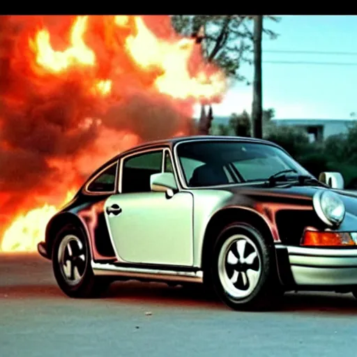 Prompt: porsche 911 in back 2 the future. trail of fire on street. 88mph. lightning strike