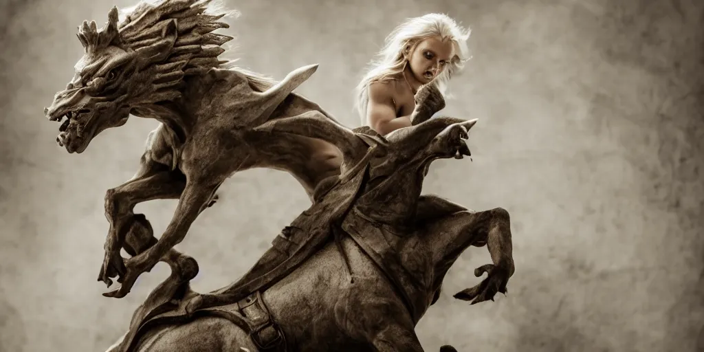 Image similar to a beautiful blond woman riding a gargoyle into battle, 8 k, moody lighting, shallow depth of field,