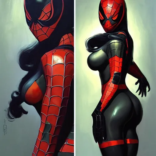 Image similar to greg manchess portrait painting of a dark female iron spiderman as overwatch character, medium shot, asymmetrical, profile picture, organic painting, sunny day, matte painting, bold shapes, hard edges, street art, trending on artstation, by huang guangjian, gil elvgren, ruan jia, greg rutkowski, gaston bussiere