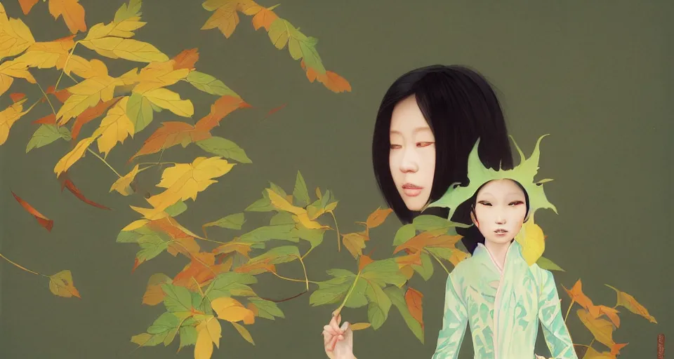 Image similar to asian female wearing leaf costume, art by dannylailai, by hsiao ron cheng