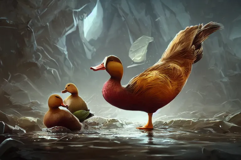 Image similar to duck drinks energy napiokmonstr energy, concept art, wlop, digital painting, trending on artstation, highly detailed, epic composition, official media, 8 k uhd