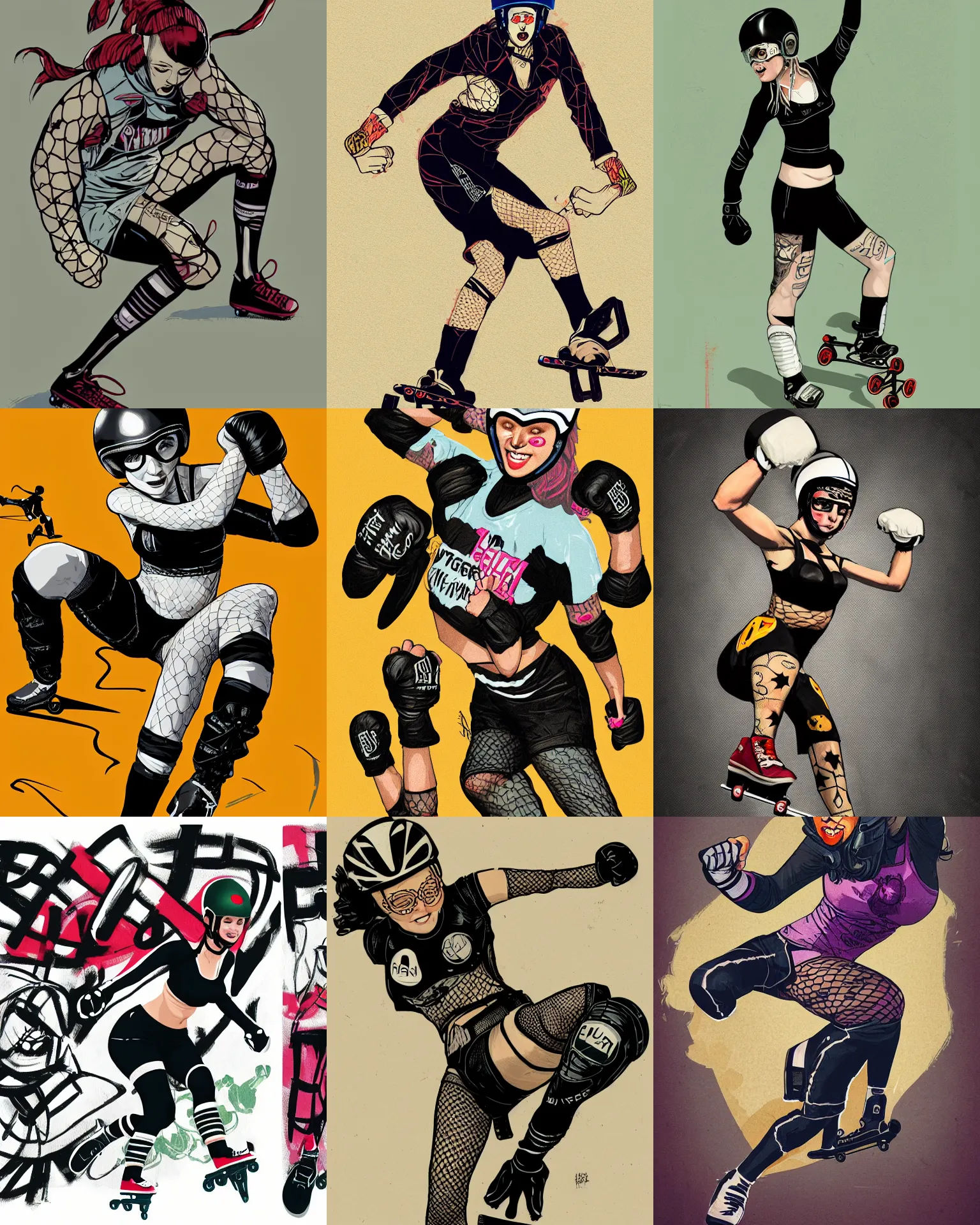 Prompt: logo design, roller derby girl sprinting Cross-Over, wearing skate helmet, knee pads, elbow pads,full length portrait, fishnet tights, torn, ripped, fists in the air, illustration by greg rutkowski and mcbess