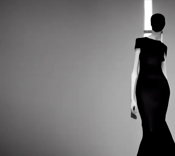 Prompt: extremely beautiful well lit fashion photo of a female statue wearing a neoprene asymmetrical ballgown in the style of rei kawakubo, yohji yamamoto, japanese avant garde fashion, statue, black marble, carving, glossy, vogue, beautiful lighting, clear, sharp focus, depth of field, portrait, editorial, vogue