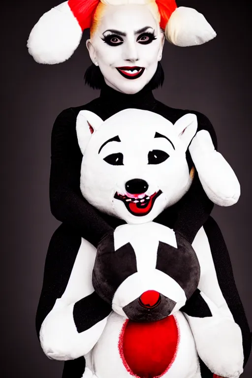 Image similar to lady gaga dressed as harley quinn attacked by plush shiba inu, plush toy, luxury materials, symmetrical, cinematic, elegant, professional studio light, real dlsr photography, sharp focus, 4 k, ultra hd, sense of awe, high fashion