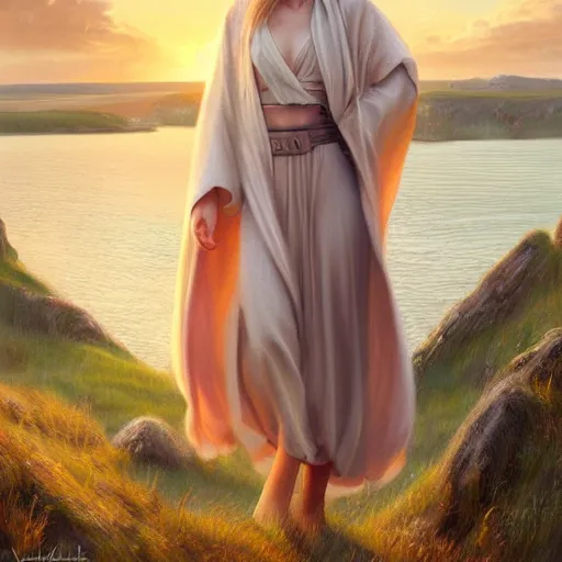 Image similar to blonde female jedi, Swedish countryside, landscape view, archipelago, freedom, dawn, sunrise, beautiful, by Vladimir Volegov, wlop, artstation