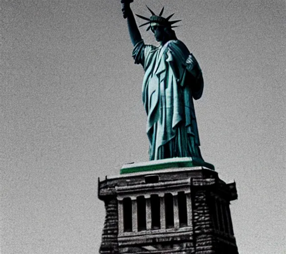 Prompt: fragment ruins of statue of liberty, editorial footage, time magazine,