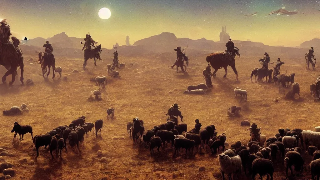 Image similar to Cyberpunk cowboys herding sheep in a No Man\'s Sky landscape in the style of Frederic Remington