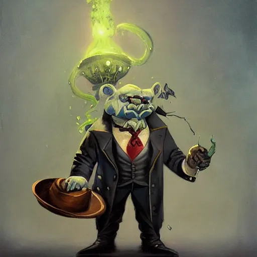 Image similar to a victorian era portrait painting of a warcraft orc in a suit and top hat by Peter Mohrbacher