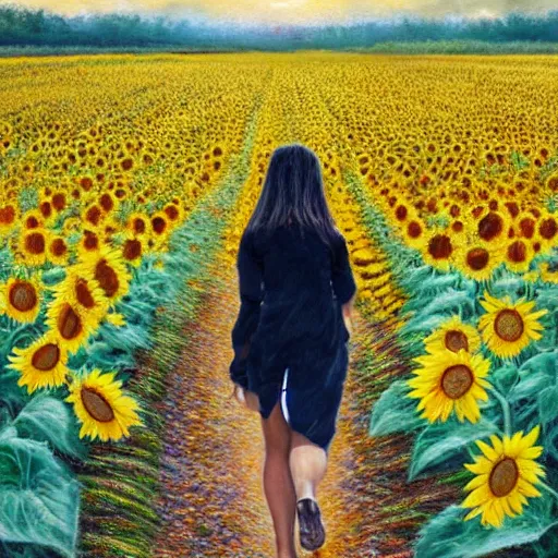 Prompt: a girl slowly walking through amazing tall sunflower field, hair flowing, early morning lightning, bad weather approaching, elegant, subtle, intricate details, real masterpiece, oil on canvas, by somsak anong