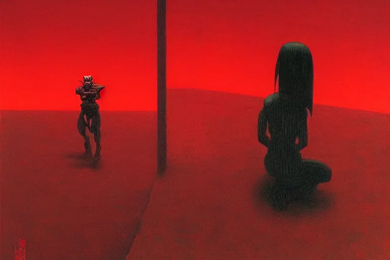 Image similar to only with red, a red samurai, tokio in background, some evil yokai, in the style of beksinski, parts by edward hopper, parts by rodcenko, parts by yue minjun, intricate and epic composition, red by caravaggio, insanely quality, highly detailed, masterpiece, red light, artstation, 4 k