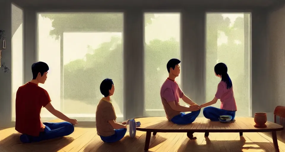 Image similar to wide shot of asian couple looking at each other, sitting in rural living room, group of table fans placing around the room, day light, colorful mood, digital illustration by kyuyong eom and ruan jia, artstation behance pinterest