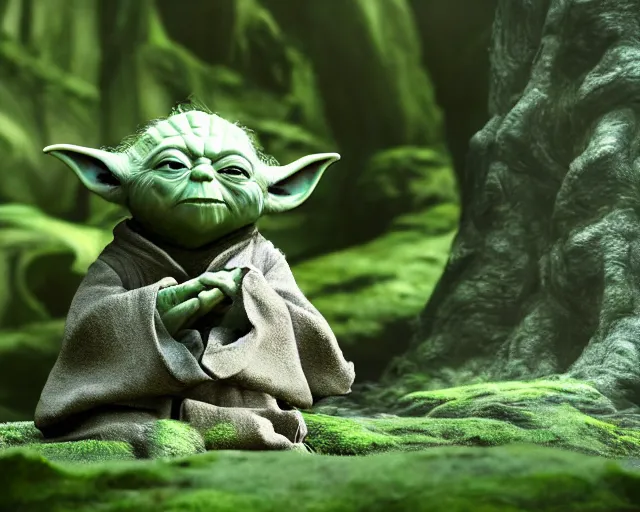 Prompt: 4 k hd, high resolution photograph of yoda meditating in dagobah, shot with sigma f / 4. 2, 2 5 0 mm sharp lens, wide shot, high level texture render