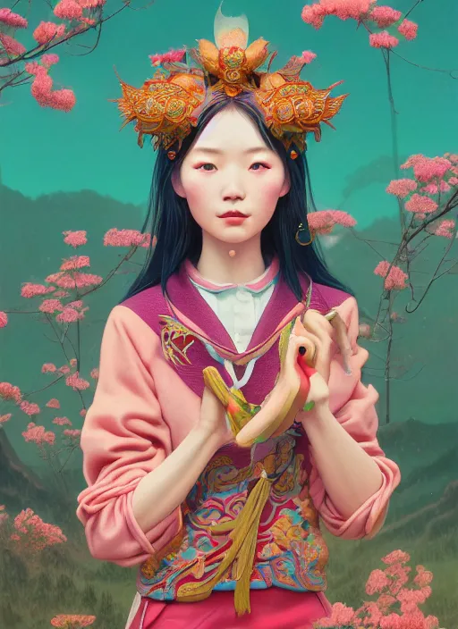 Image similar to pretty yunnan girl : : by martine johanna and simon stalenhag and chie yoshii and casey weldon and wlop : : ornate, dynamic, particulate, rich colors, intricate, elegant, highly detailed, centered, artstation, smooth, sharp focus, octane render, 8 k