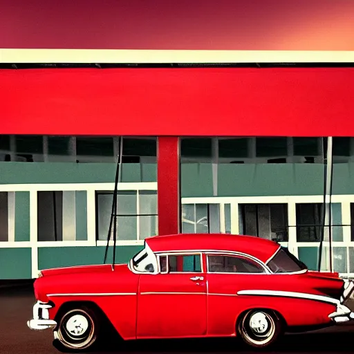 Prompt: stylized photo of a red car at a gas station in 1956