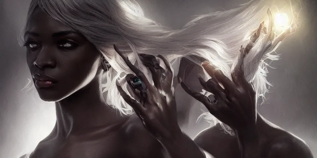 Image similar to drow black skin, many hands, gnarled fingers, intense black eyes, intense white hair, intense lighting, light beams, lens flare, intricate, elegant, highly detailed, digital painting, artstation, concept art, smooth, sharp focus, illustration, art by artgerm and greg rutkowski and alphonse mucha