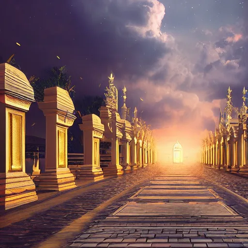 Image similar to a long path to the gates of heaven with glowing clouds, illuminated background with streets made of gold and architecture made of crystal, photorealism, 4 k