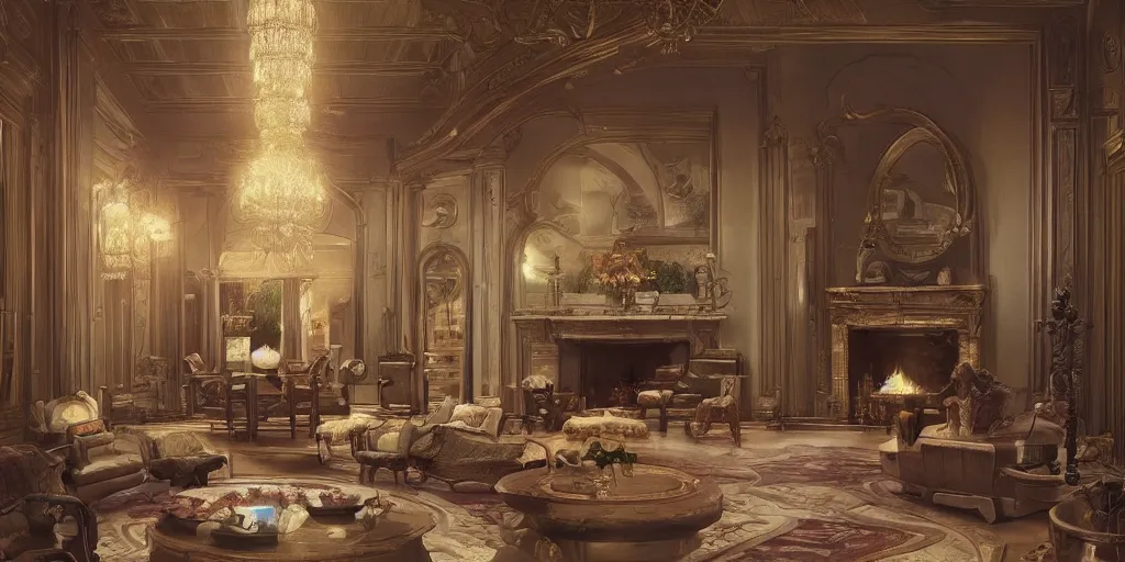 Image similar to photo of a stunning mansion lobby. cozy. fireplace. trending on artstation. cgsociety. art by greg rutkowski and moebius.